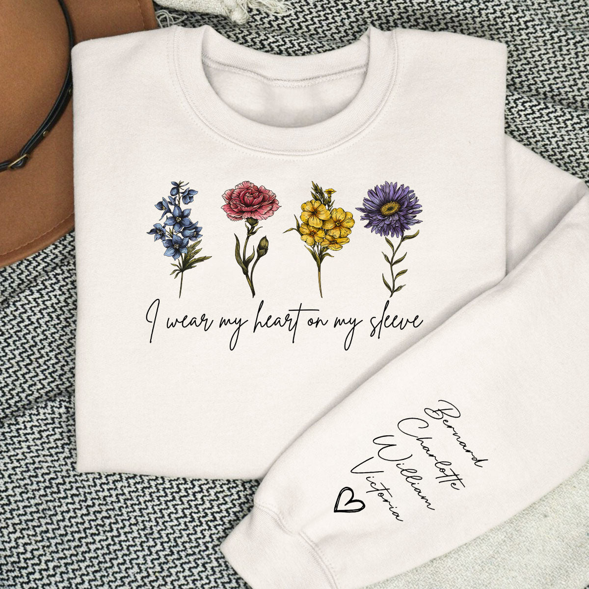 I Wear My Hearts On My Sleeve Birth Month Flower Personalized Sleeve Printed Sweatshirt