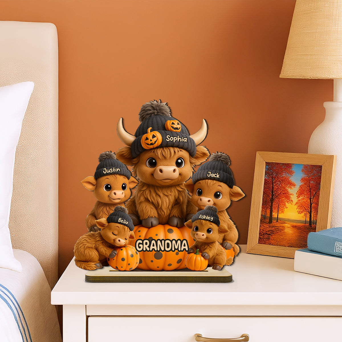 Mama Cow Personalized Standing Wooden Plaque, Cozy Fall Vibe Halloween Decor for Mom, Grandma