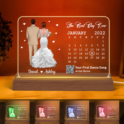 First Dance Song Wedding Anniversary Calendar Gift Couple Back View Scannable QR Code Personalized Horizontal Acrylic Plaque With LED Night Light