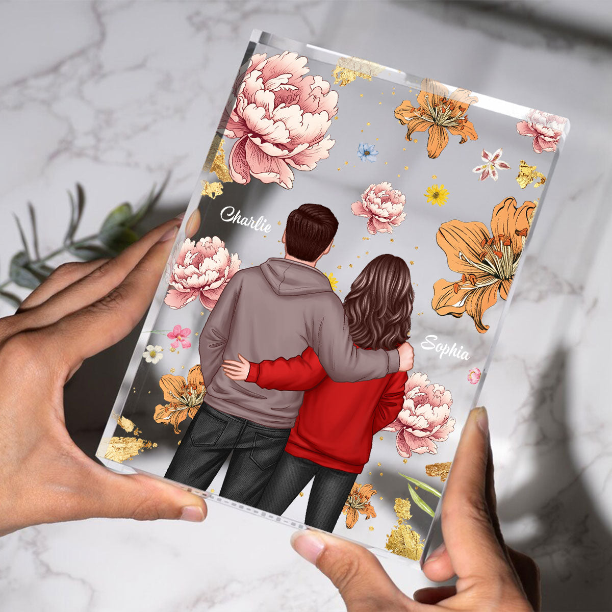 Couple Hugging Back View Birth Month Flower Personalized Acrylic Block Plaque, Heartfelt 2025  Gift, Anniversary Gift For Girlfriend, For Wife