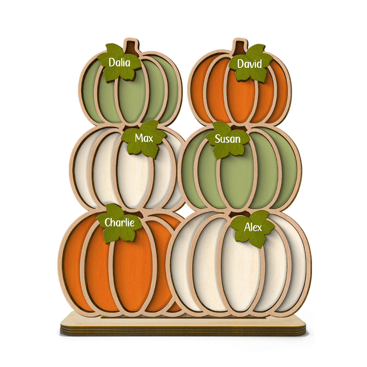 Fall Season Pumpkins Stack With Names Personalized 2-Layer Wooden Standing Plaque