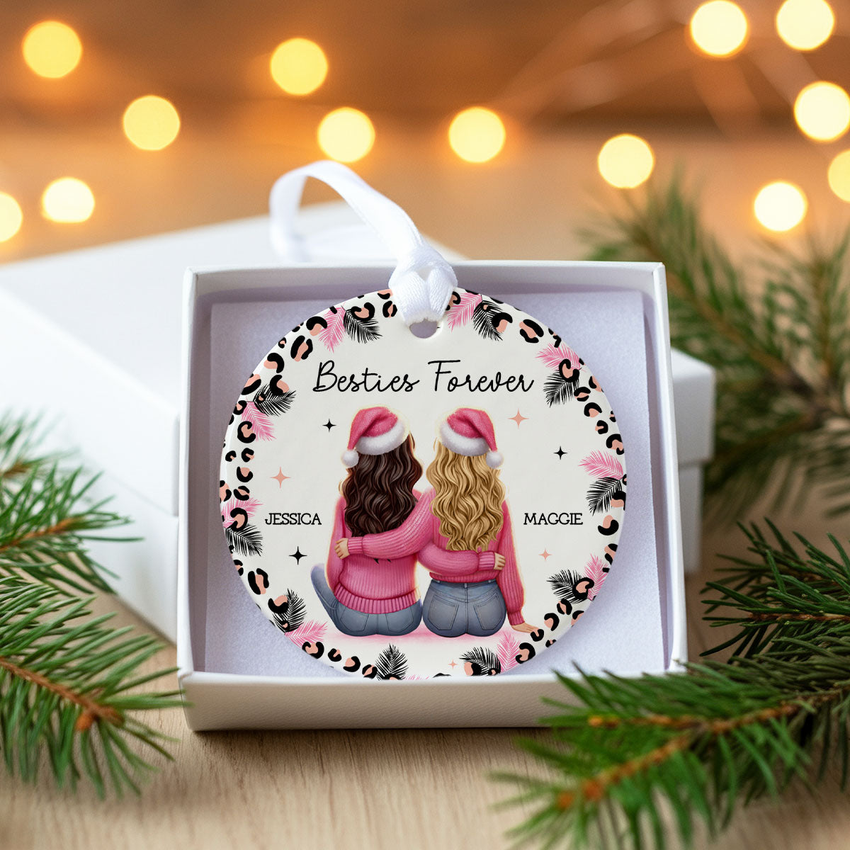 Personalized Christmas Bestie Pink Leopard, Best Friend Ornament, Friendship Ornament