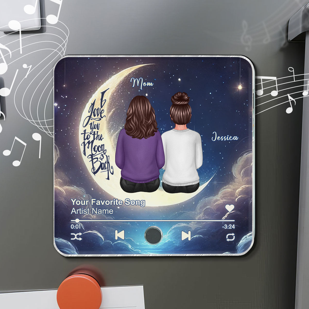 Mom & Daughter Sitting On The Moon Personalized Music Fridge Magnet, Perfect 2025 Gift For Mom