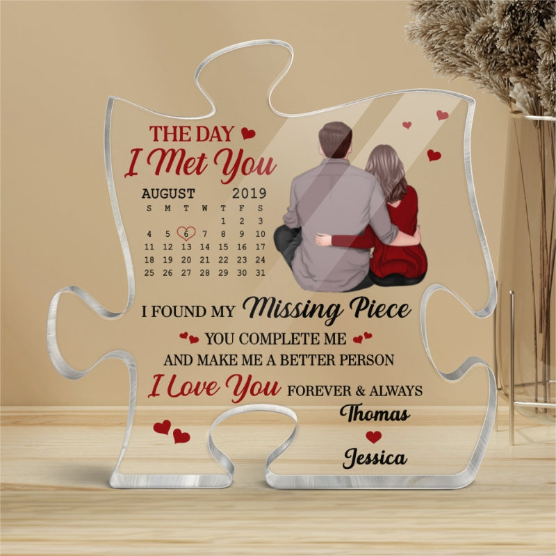 Back View Couple Sitting Calendar Anniversary Date Personalized Puzzle Acrylic Plaque