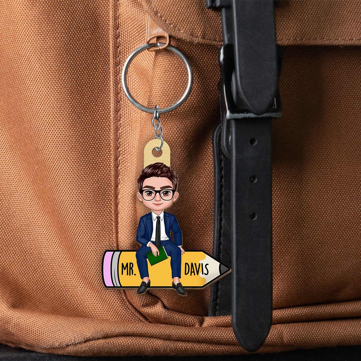 Doll Teacher Sitting On Pencil Personalized Wooden Keychain, Back To School Gift For Teacher