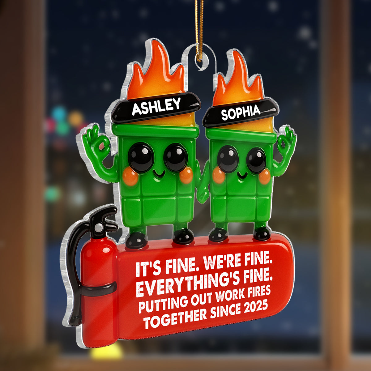 Colleagues Putting Out Work Fire Together 3D Effect - Personalized Acrylic Ornament - Funny Humor Christmas Gift for Coworkers, Colleagues