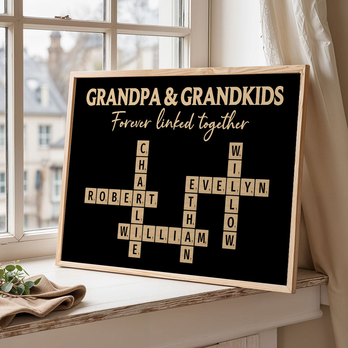 Grandpa & Grandkids Forever Linked Together Crossword Puzzle Art Rustic Personalized Poster, Heartfelt Father's Day Gift For Grandpa