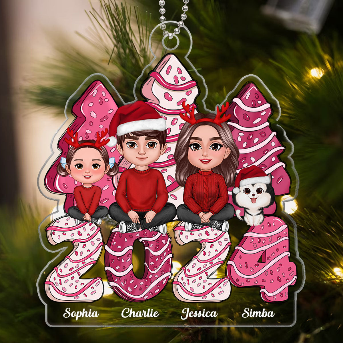 Family Crossed Legs Sitting Pink Christmas Tree Cake Patterned Personalized Acrylic Ornament