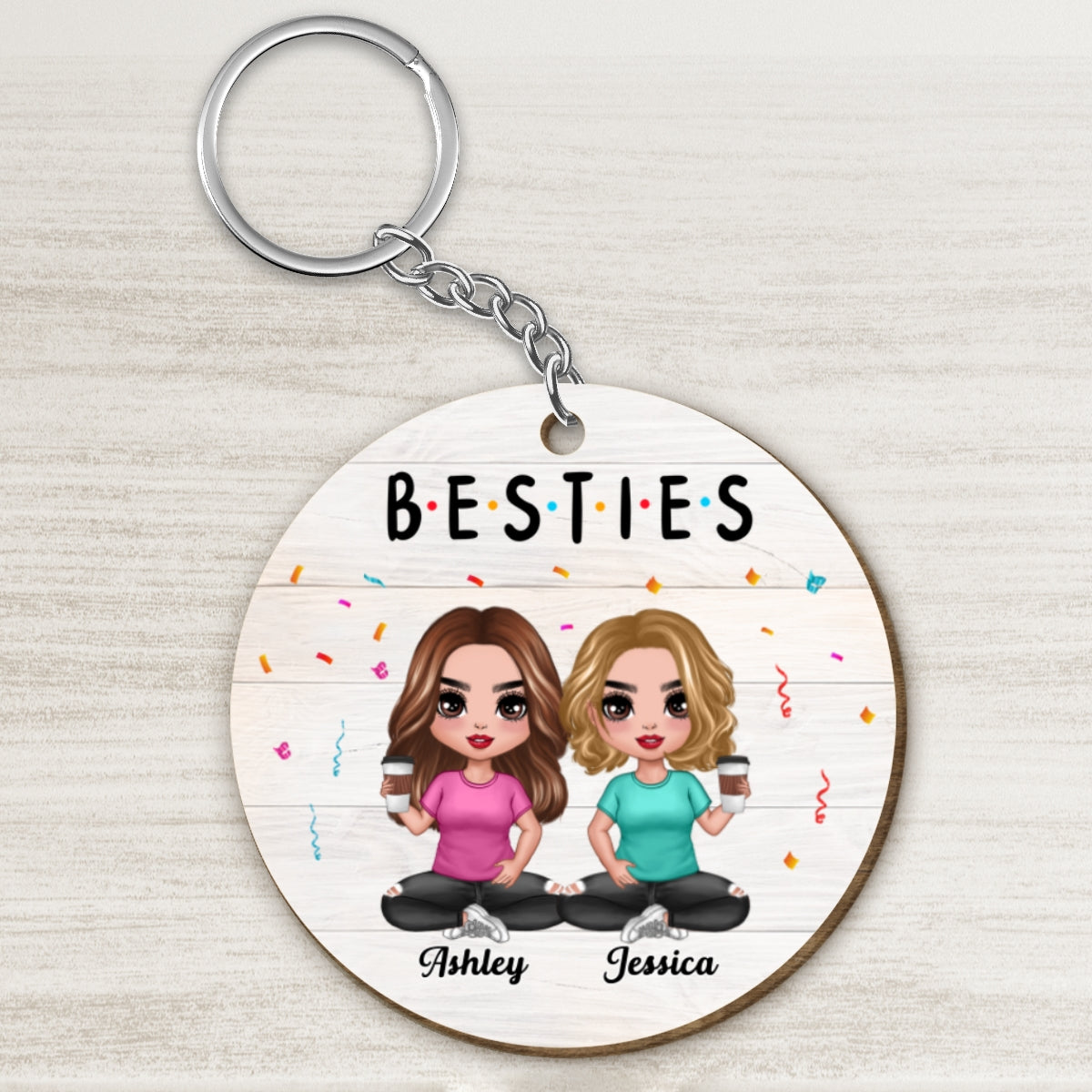 Besties Sisters Doll Women Sitting Personalized Wooden Keychain
