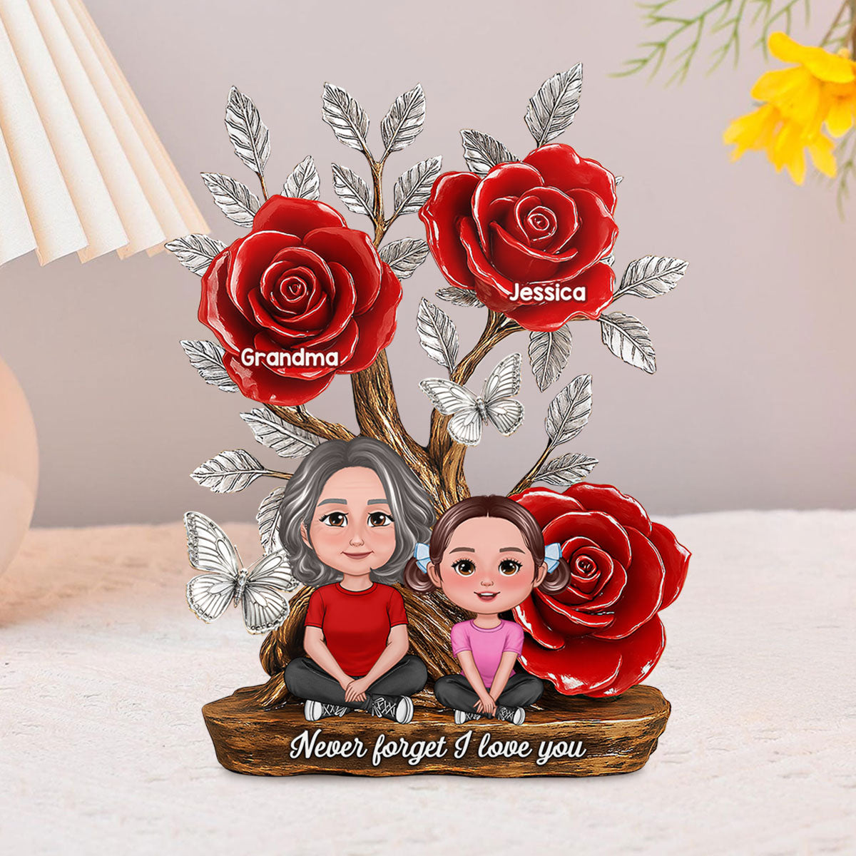 Mom Grandma & Kids Sitting Under Tree With Roses Personalized Acrylic Block Plaque