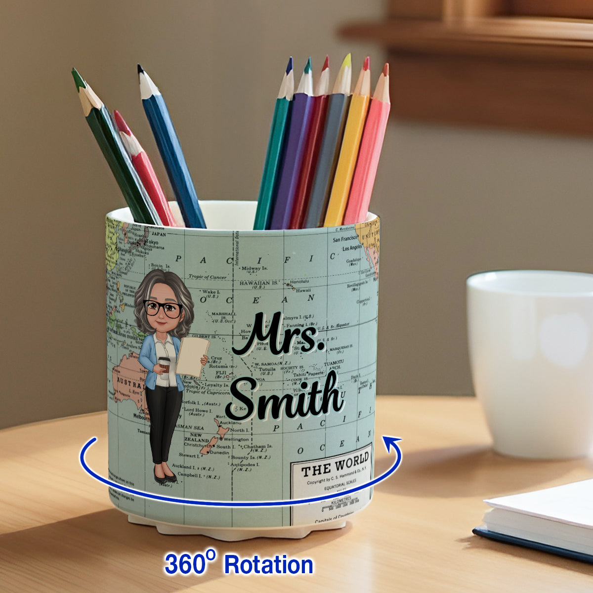 World Map Adventure Themed Doll Teacher Personalized Rotating Pen Holder