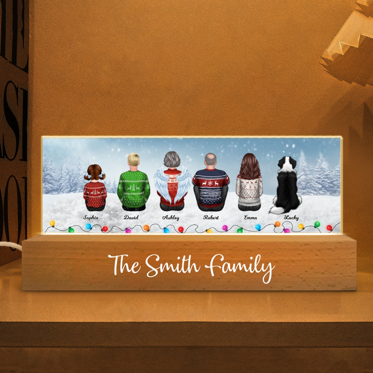 Family Back View Sitting In Snow Christmas Light Personalized Acrylic Block LED Night Light