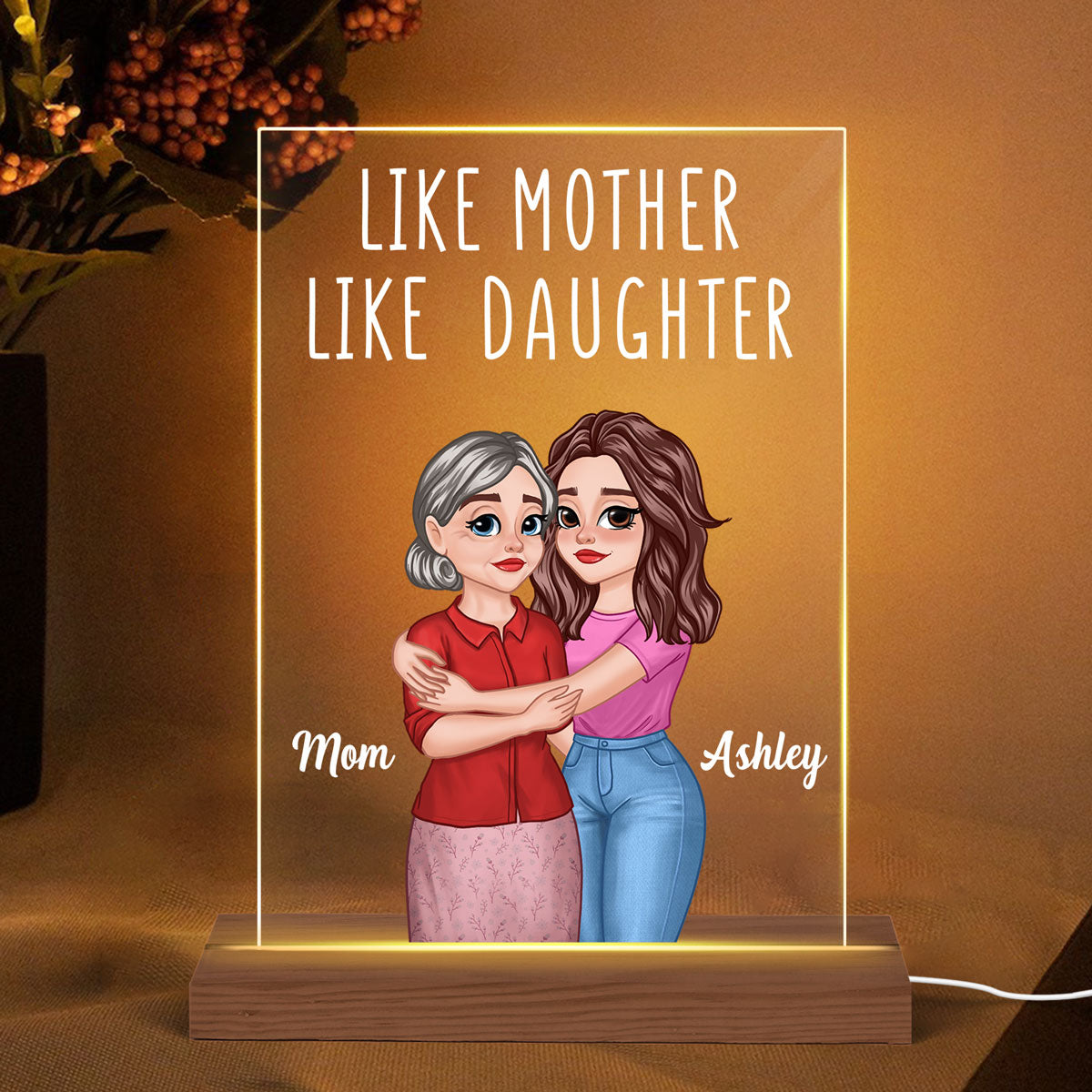 Like Mother Like Daughters Cartoon Hugging Mom Daughters Personalized Rectangle Acrylic Plaque With LED Night Light