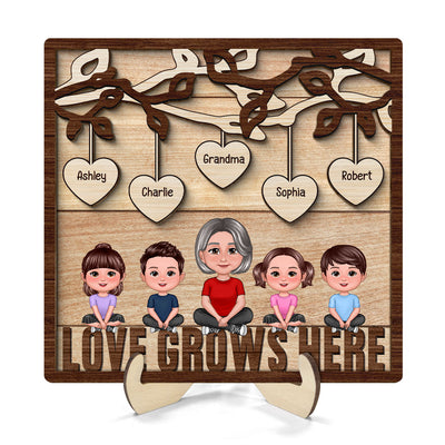 Love Grows Here Grandma Grandkids Personalized 2-Layer Wooden Plaque