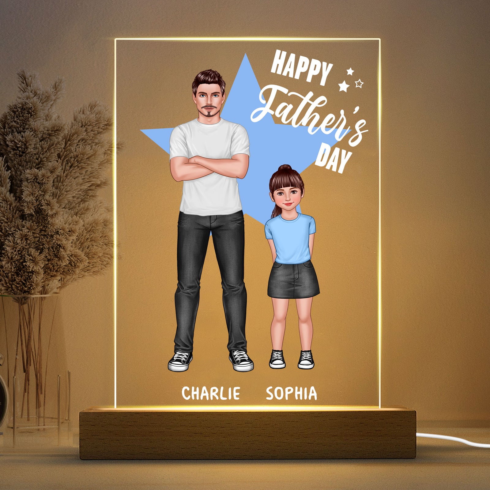 Dad And Kids Standing Star Background Personalized Rectangle Acrylic LED Night Light
