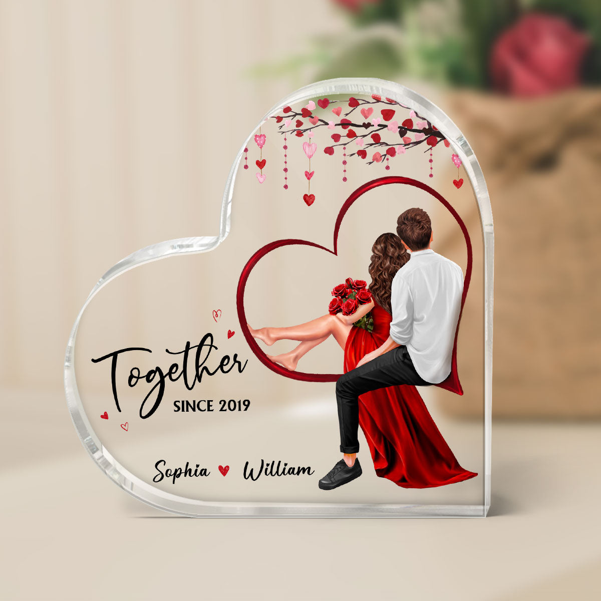 Embracing Couples Sitting On Heart Personalized Acrylic Heart Plaque,  Gift, Anniversary Gift for Couples