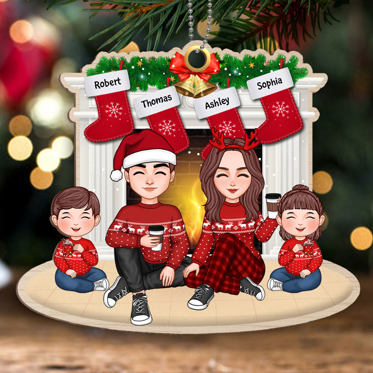 Cute Doll Family Dad Mom Kid Dog Cat Sitting At Fireplace Personalized Wooden Ornament