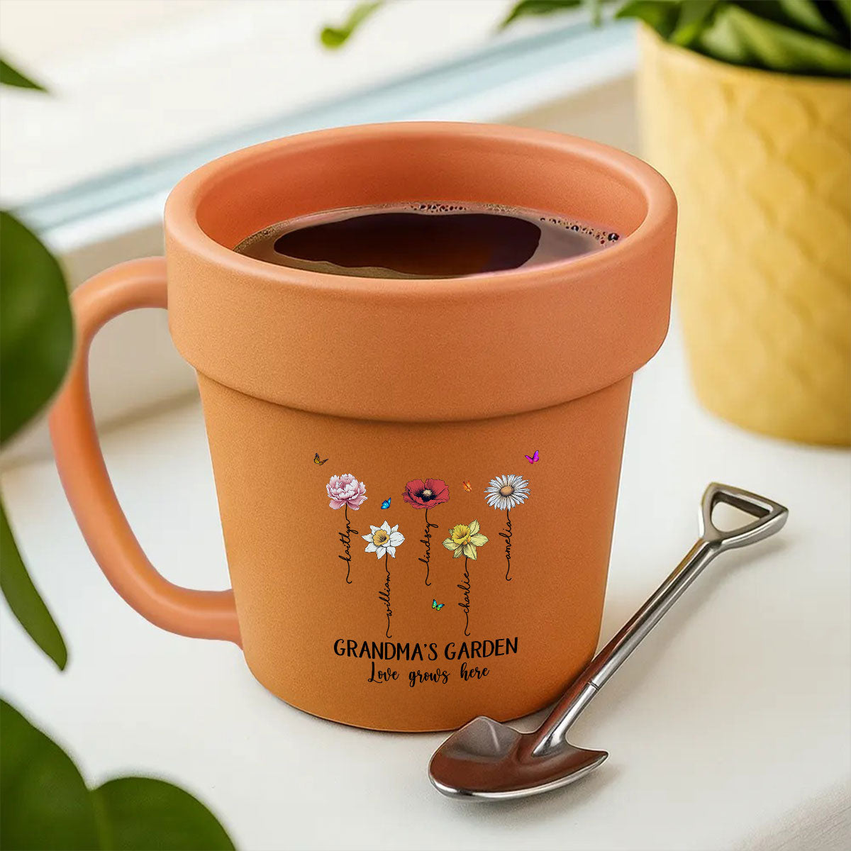 Grandma's Garden Love Grows Here Vintage Birth Month Flower Personalized Plant Pot Ceramic Mug