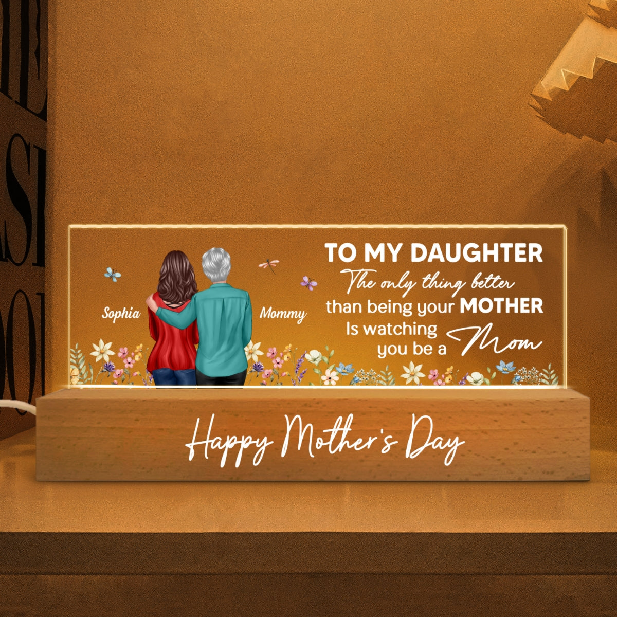 To My Daughter From Mom Happy Mother's Day Floral Personalized Acrylic Block LED Night Light, Gift For Daughter