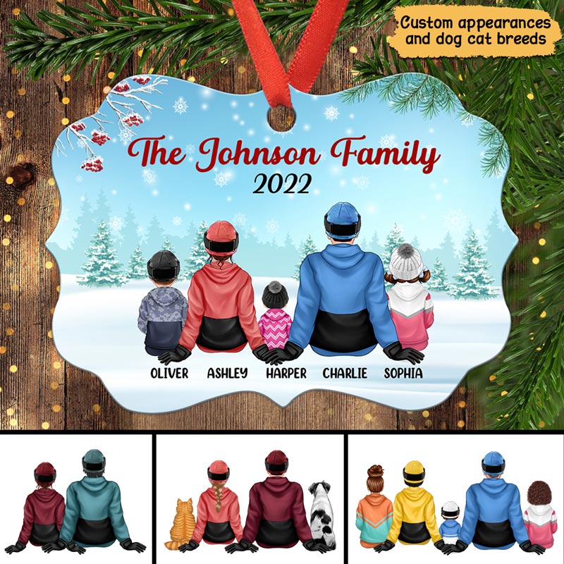 Winter Family Sitting In Snow Berry Branch Personalized Christmas Ornament