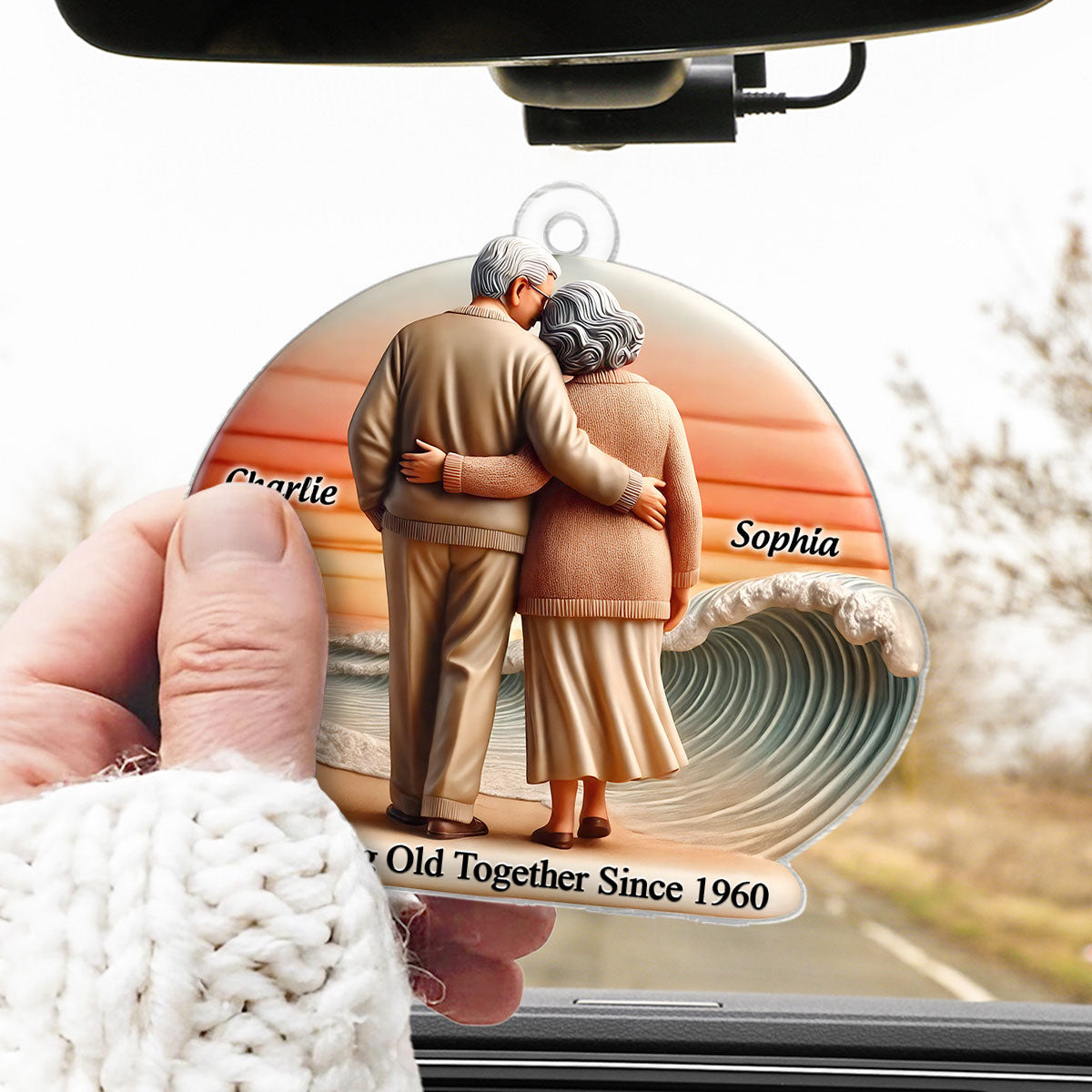 3D Effect Old Couple Walking Sunset Beach Landscape Personalized Car Hanger Ornament, Heartfelt Gift For Couple, For Him, For Her, Husband, Wife