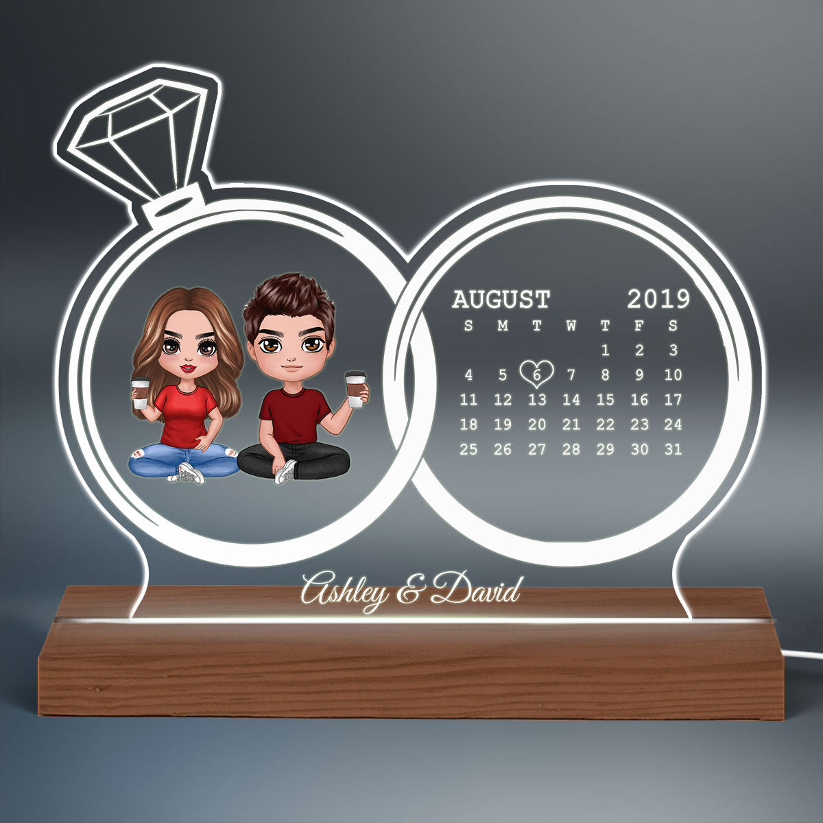 Doll Couple Sitting Anniversary Date Calendar Rings Personalized Custom Shape Acrylic Plaque With LED Night Light