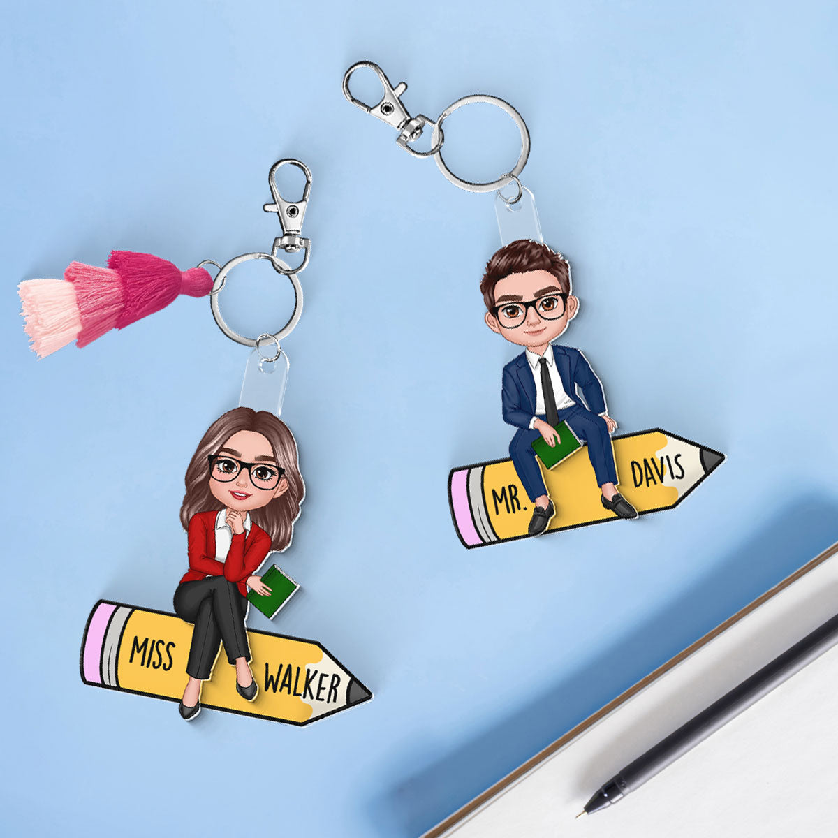Teacher Sitting On Pencil Personalized 2-Layer Acrylic Keychain