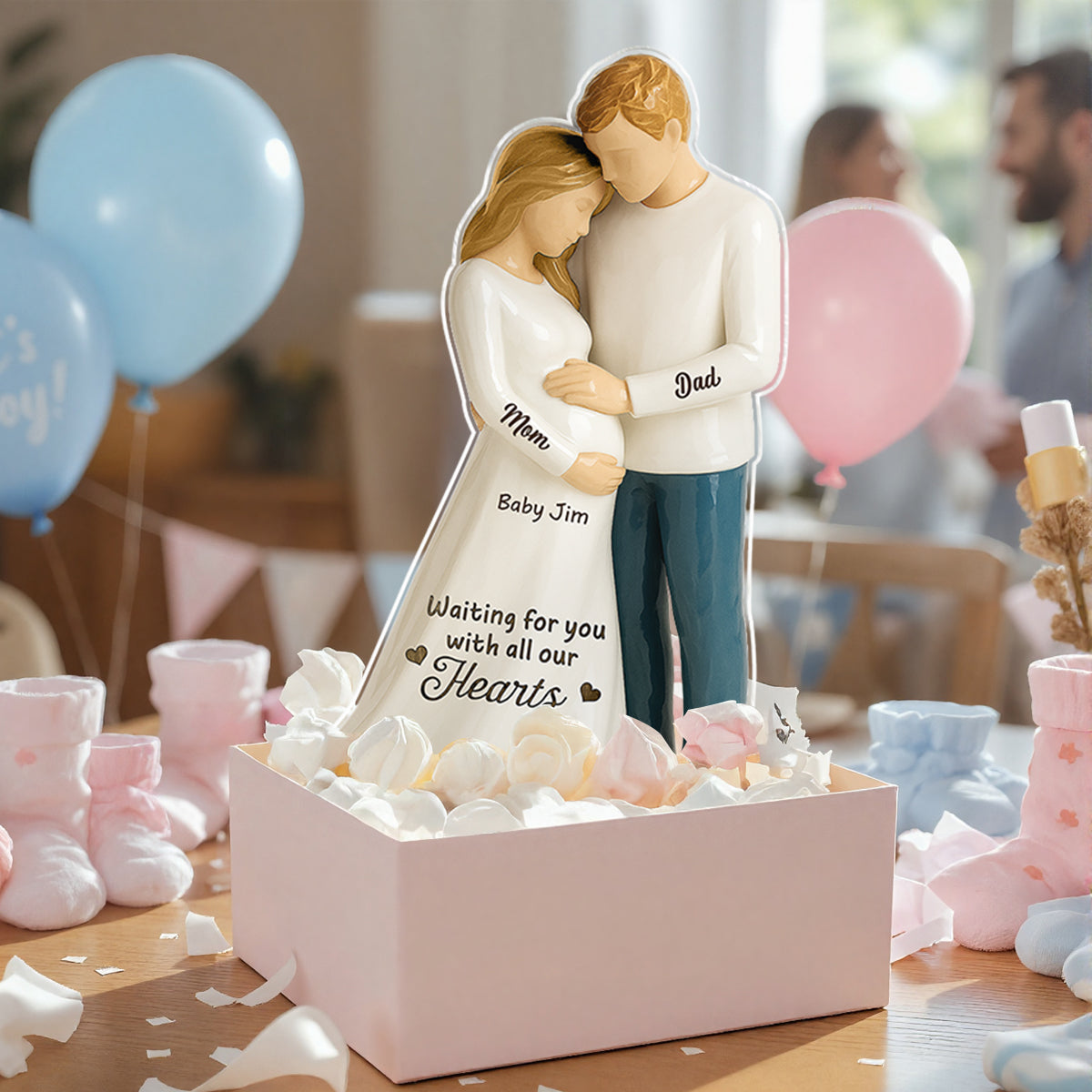 Waiting For You With All Our Hearts 3D Effect Couple Expecting Baby Personalized Acrylic Flat Block Plaque, Baby Shower Gift For Parents-to-be