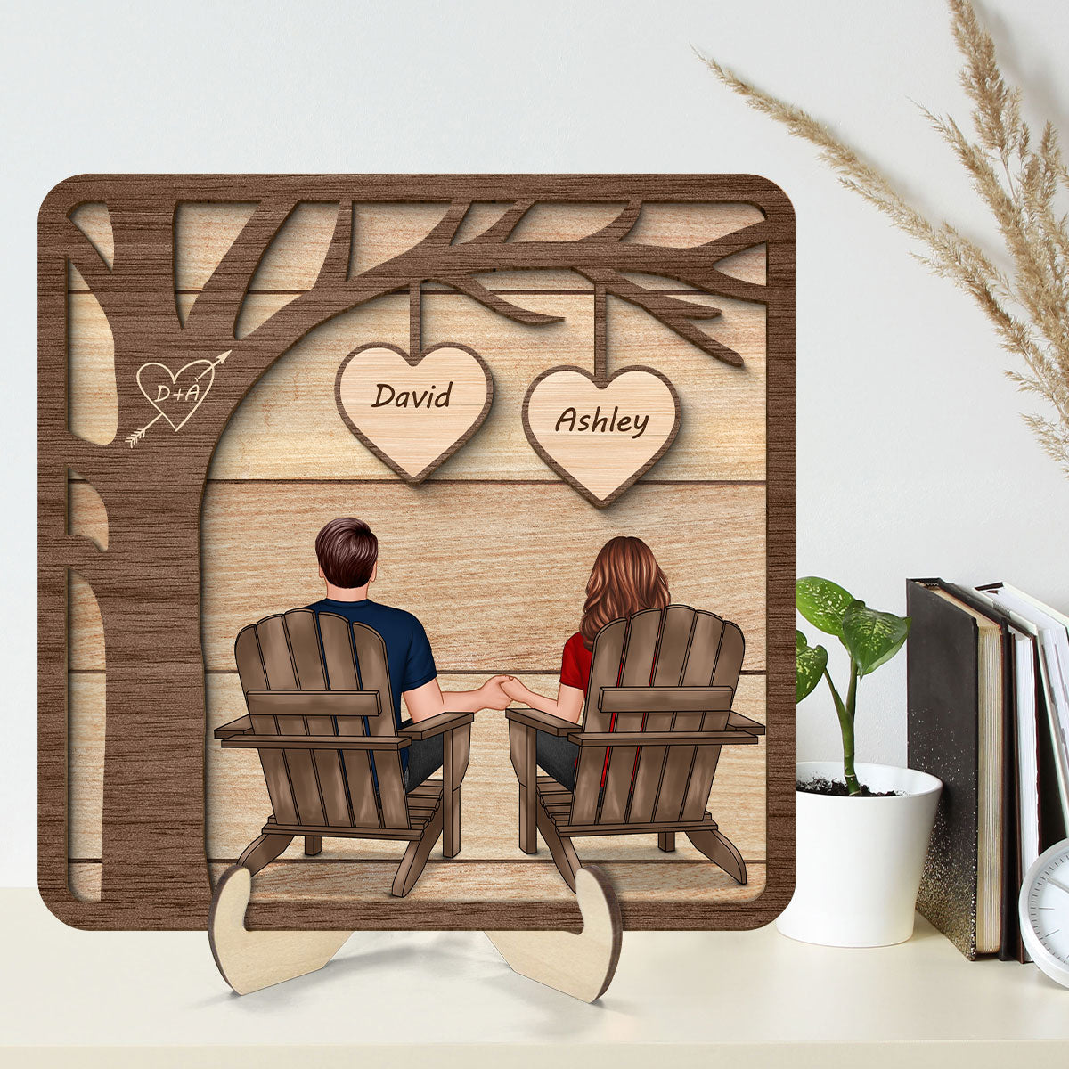 Back View Couple Sitting Under Tree Valentine‘s Gift For Him For Her Personalized 2-Layer Wooden Plaque