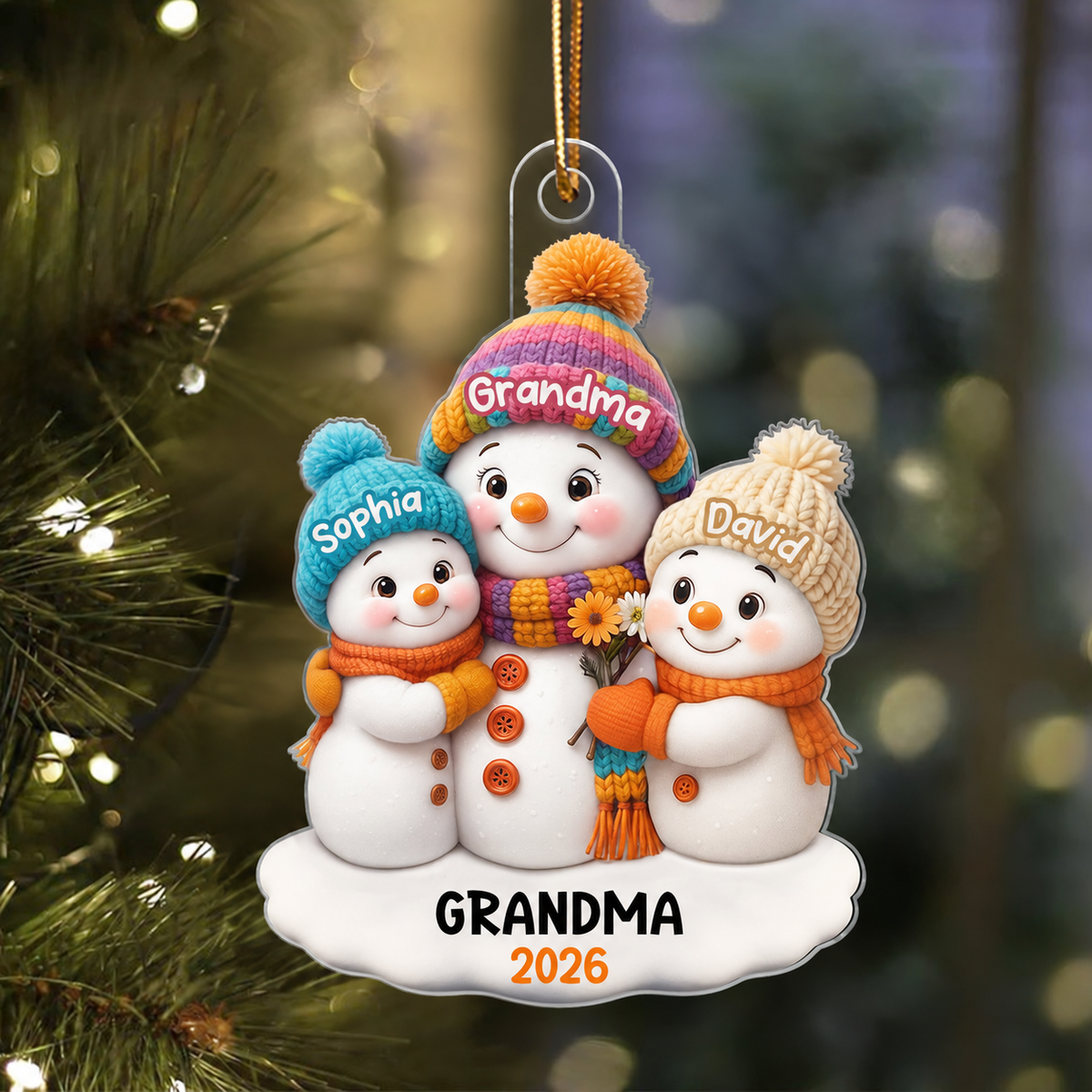 Snowman Grandma and Grandkids Personalized Acrylic Ornament, Christmas Gift for Grandma, Grandkids