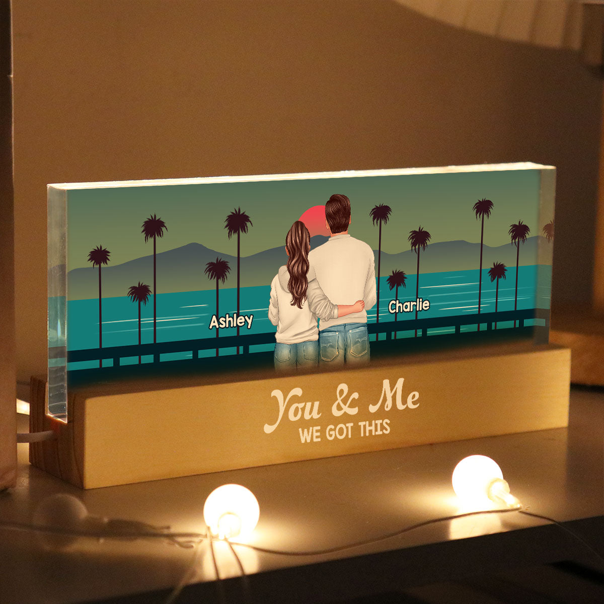 Retro Back View Couple Standing Hugging Personalized Acrylic Block LED Night Light