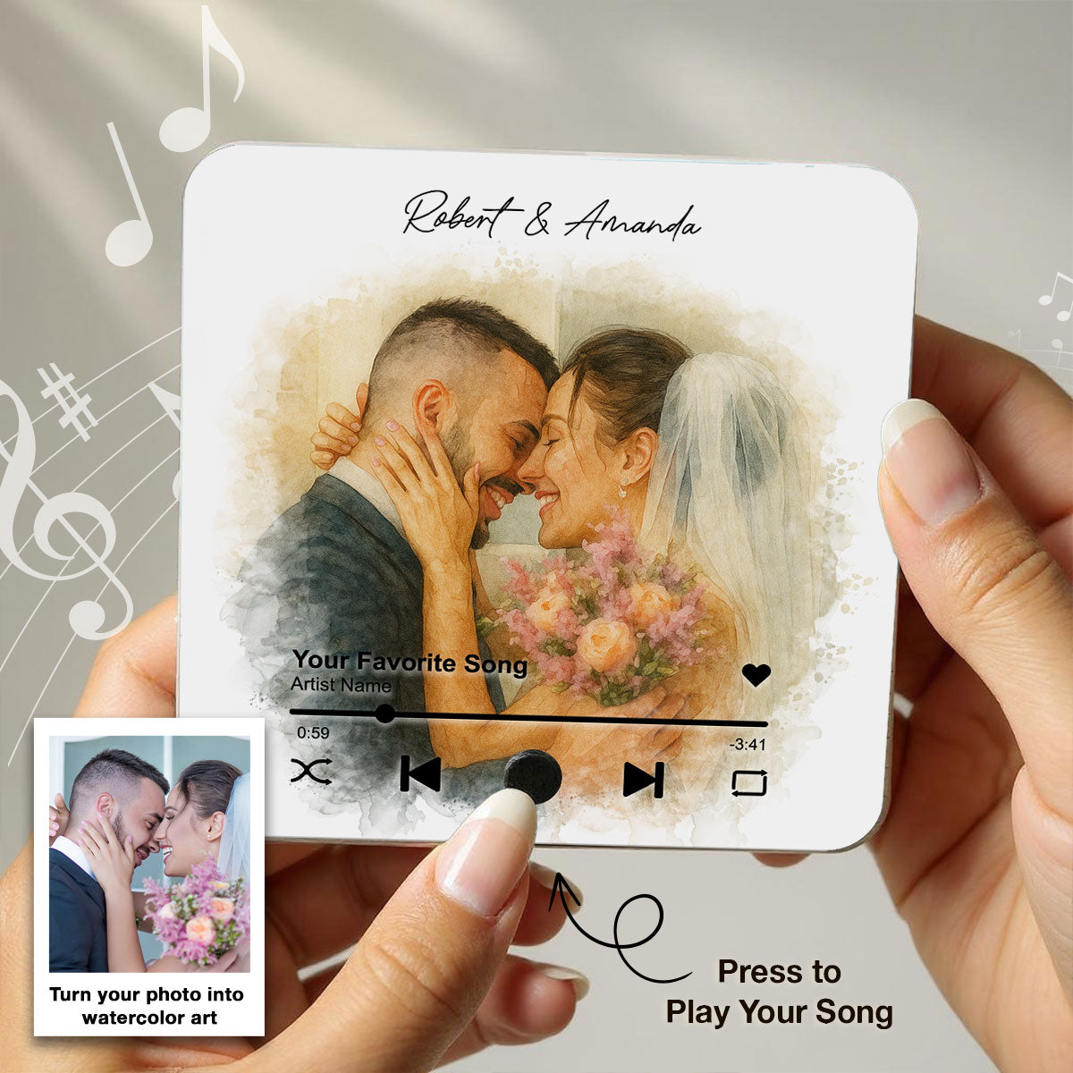 Custom Couple Watercolor Portrait from Photo Personalized Music Fridge Magnet, Gift for him, Gift for her