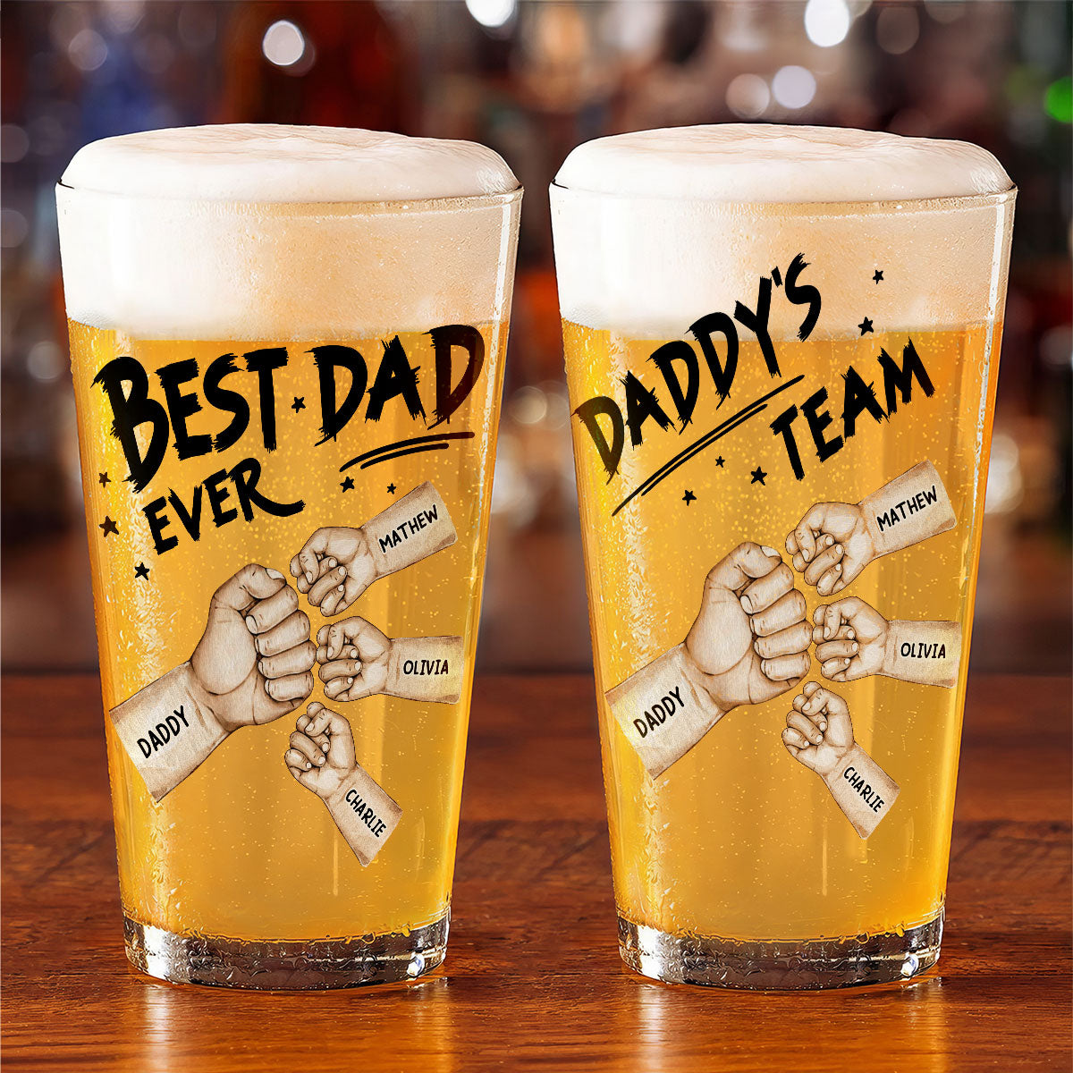 Best Dad Ever Fist Bump Personalized Beer Glass, Unique Birthday Gift For Dad, Father's Day Gift
