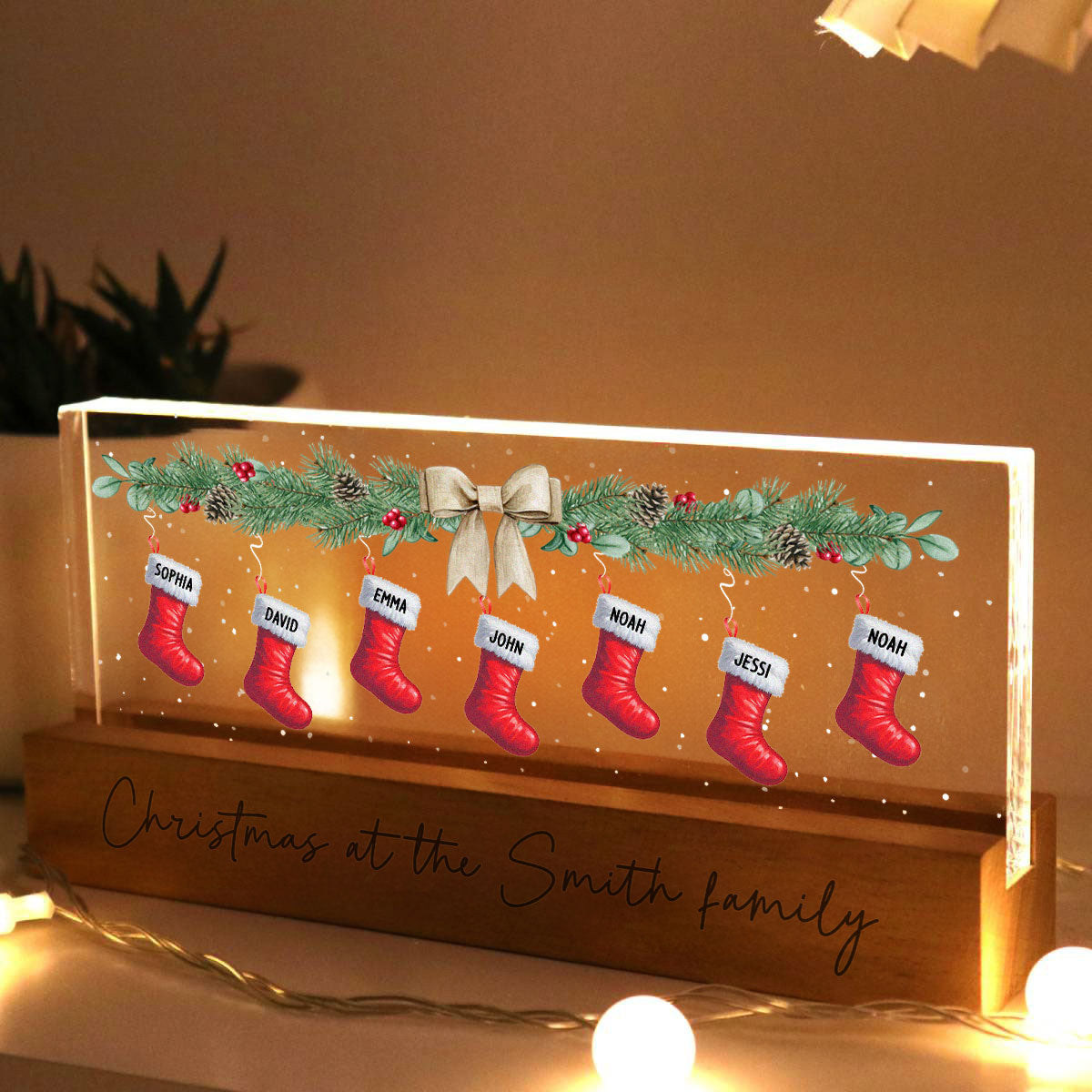 Christmas Stocking Family Names Personalized Acrylic Block LED Night Light