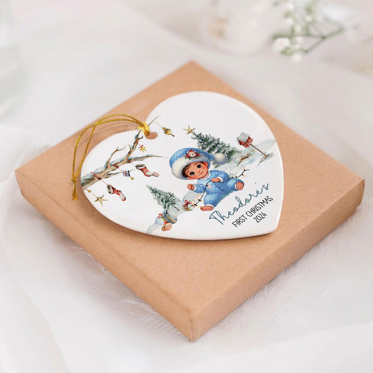 Watercolor Woodland Baby's First Christmas Personalized Heart Shaped Ceramic Ornament, Christmas Gift Keepsake for New Mom New Dad