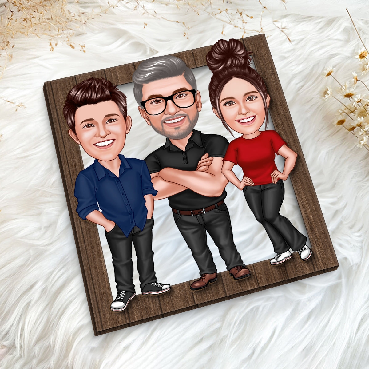 Dad Grandpa Kids Caricature Frame Personalized 2-Layer Wooden Plaque, Father's Day Gift For Dad, For Husband, For Him