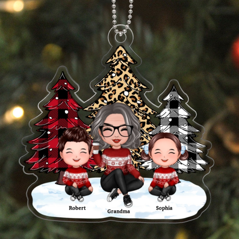 Leopard Checkered Pattern Tree Grandma Grandkids Happy Face Personalized Acrylic Ornament
