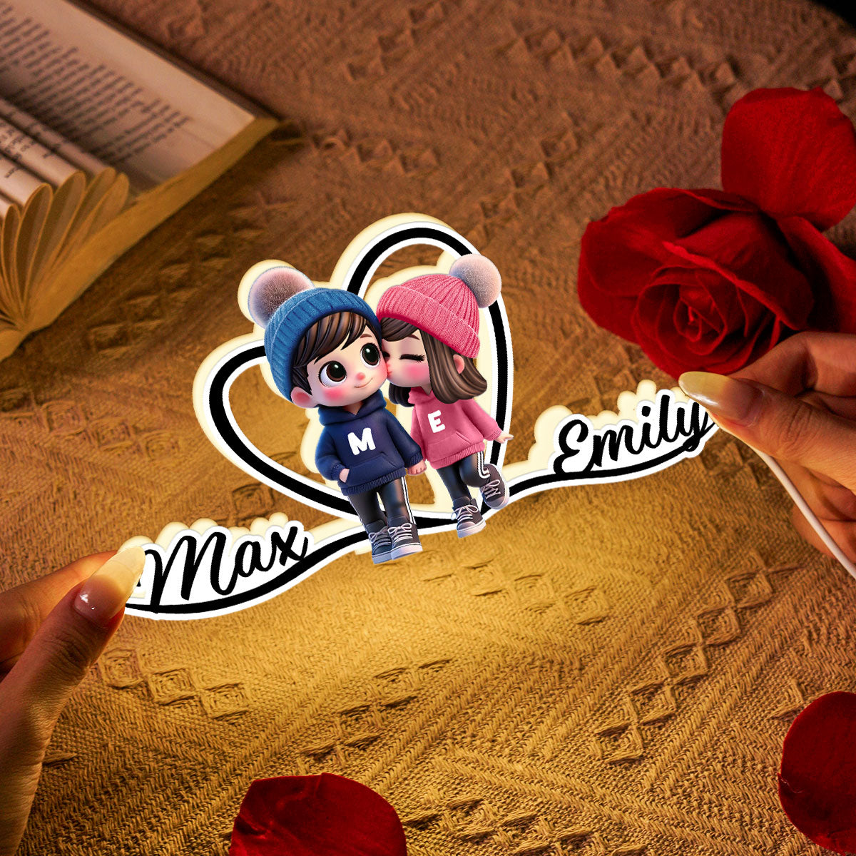 Cute Cartoon Couple Walking Heart Shape With Names Personalized Light Box, Anniversary Gift for Him for Her