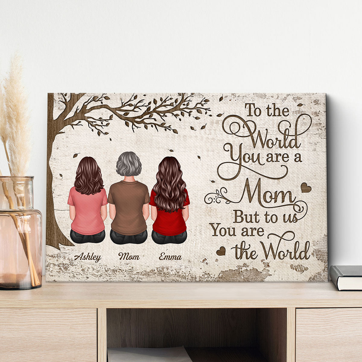 Back View Mom And Kids Dogs Cats Sitting Personalized Wrapped Canvas