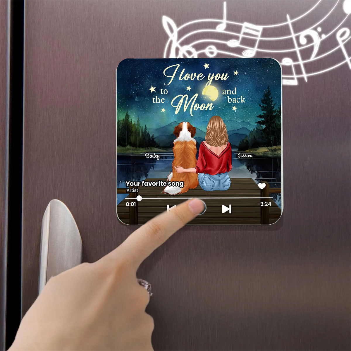 Woman And Dog I Love You To The Moon And Back Personalized Music Fridge Magnet, Heartfelt Gift For Couple, For Him, For Her, Boyfriend, Girlfriend, Husband, Wife