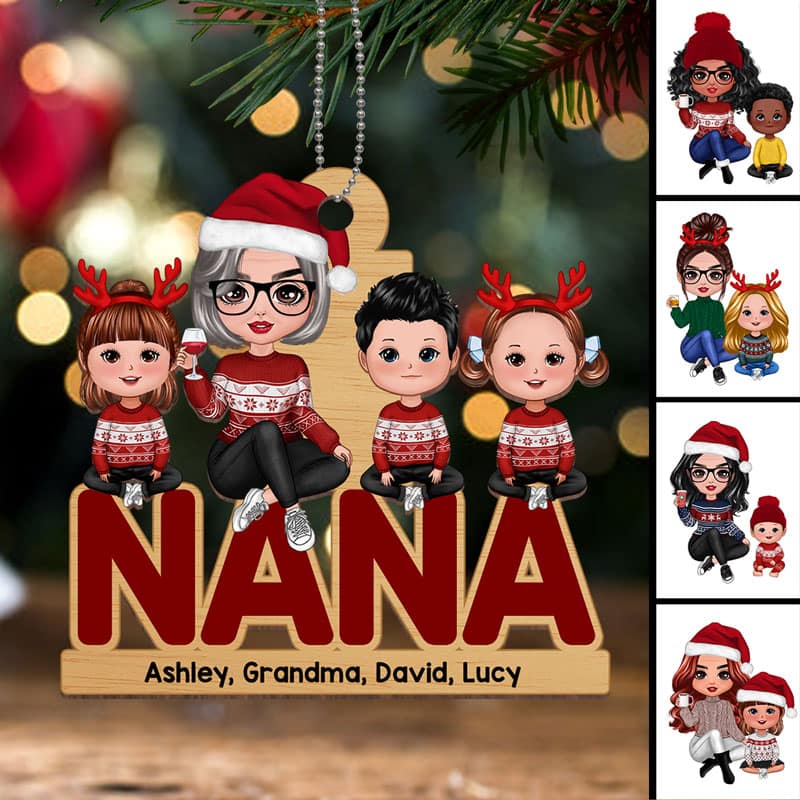 Grandma & Grandkids Sitting Christmas Personalized Wooden Ornament