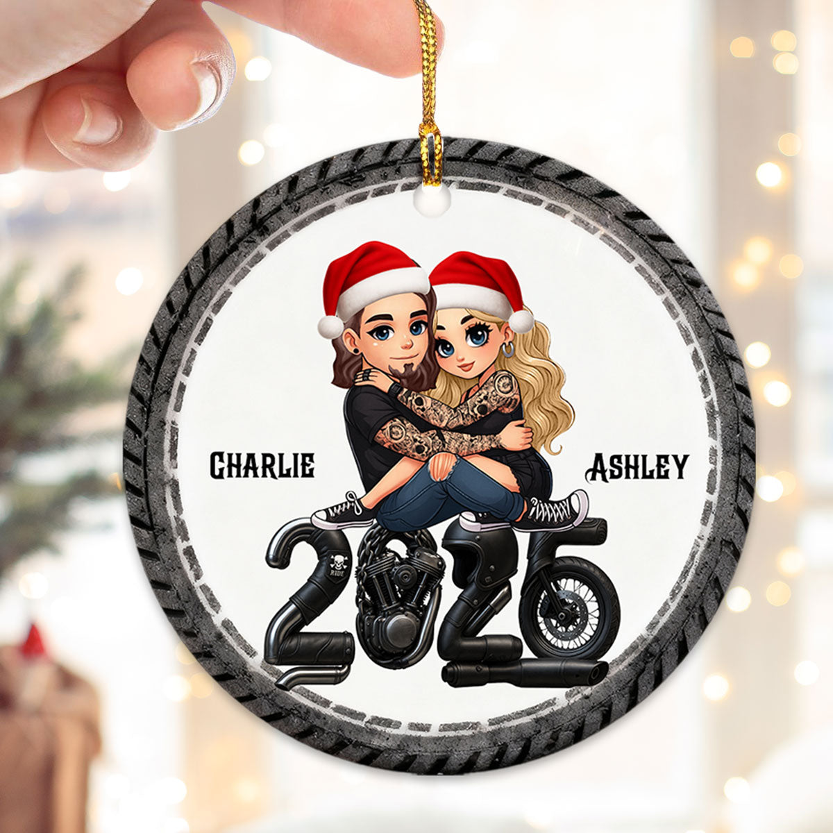 3D Effect Biker Couple Christmas - Personalized Ceramic Ornament - Gift For Bikers, Gift For Him, For Her