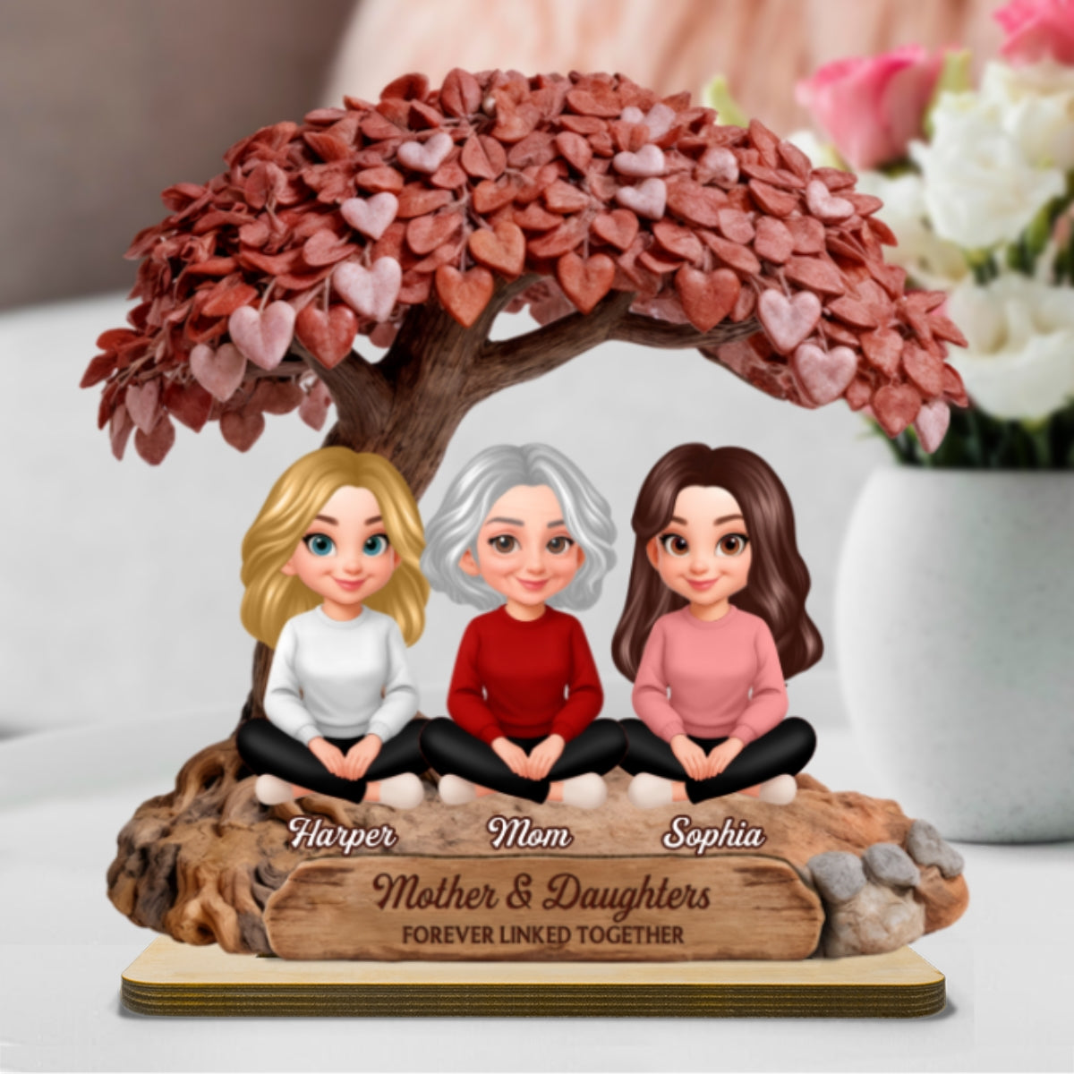 Mom And Daughter Son Under Heart Tree - Personalized 2-Layered Wooden Plaque - Mother's Day Gift For Mom