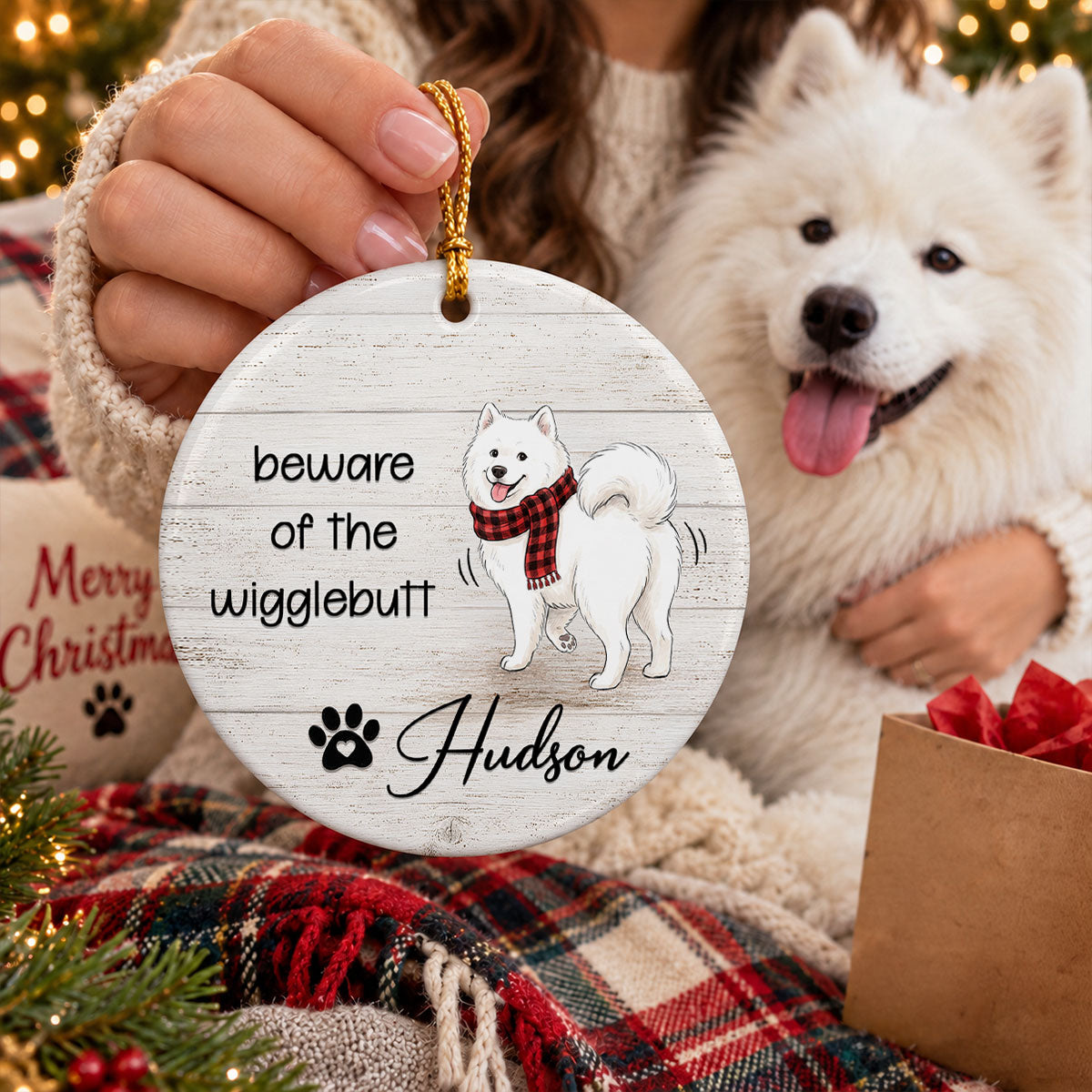 Beware of the Wigglebutt - Personalized Ceramic Ornament - Christmas Gift for Dog Cat Moms