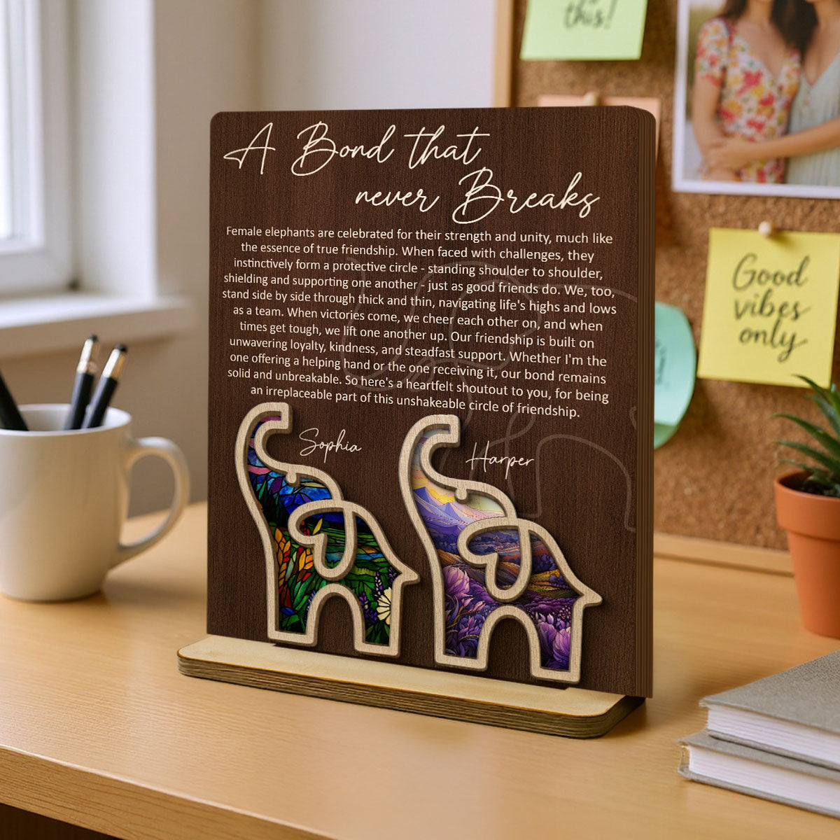 Elephant Friendship Story Besties Special Bond Personalized 2-Layer Standing Wooden Plaque, Birthday Gift, Friendship Gift For Best Friends