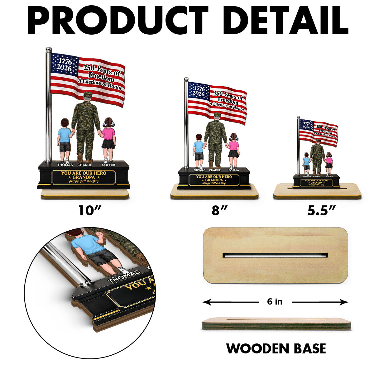Proud American Army Military Veteran Grandpa Dad America 250th Anniversary - Personalized 2-Layered Wooden Plaque - Father's Day Gift For Dad, Grandpa Husband