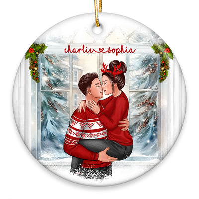 Christmas Couple Holding Kissing Window Personalized Circle Ornament