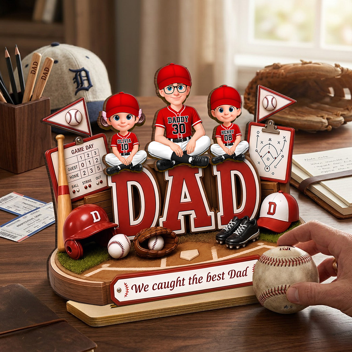 Baseball Dad Kids We Caught The Best Dad - Personalized 2-Layered Wooden Plaque - Father's Day Gift For Dad, Husband