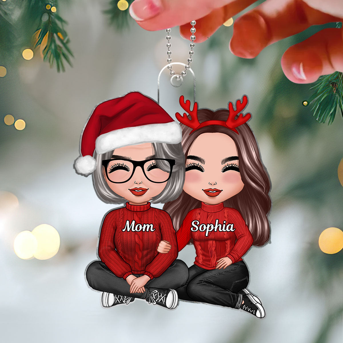Doll Mom Daughter Grandma Teenage Granddaughter Sitting Hugging Christmas Personalized Acrylic Ornament