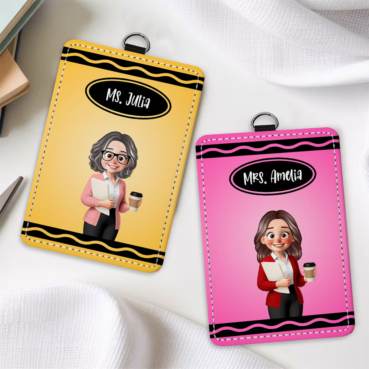 Crayon Themed Cartoon Teacher Personalized ID Badge Holder, Back To School Gift